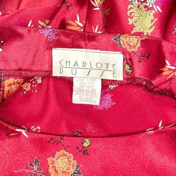 Vintage 90s Charlotte Russe Red Satin Floral Top Mandarin Collar - Picture 6 of 7